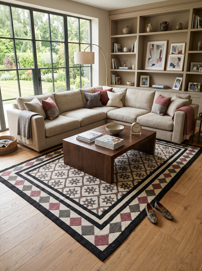 Midnight Star Lattice Charcoal Grey and Mauve Cotton Wool Dhurrie Rug