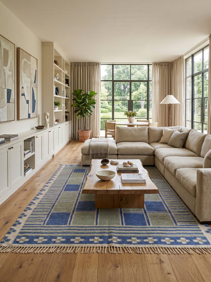 Nomad Block Pattern Geometric Wool Cotton Dhurrie Rug