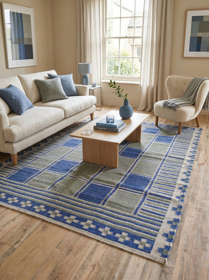 Nomad Block Pattern Geometric Wool Cotton Dhurrie Rug