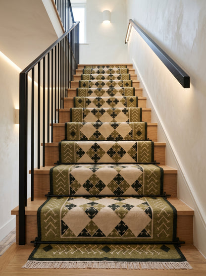 Moss Geometric Harlequin Olive Green & Cream Wool Cotton Dhurrie Rug