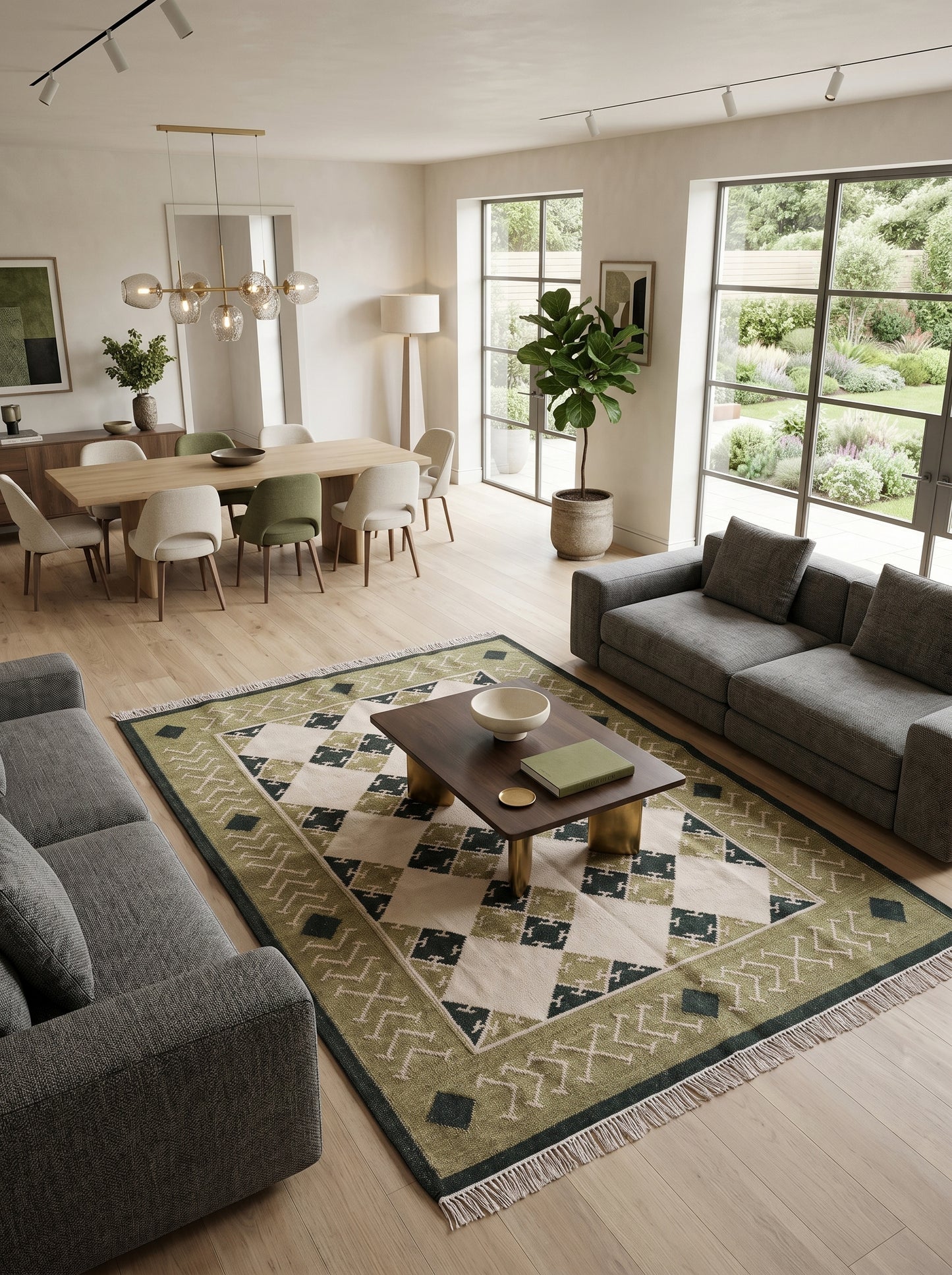 Moss Geometric Harlequin Olive Green & Cream Wool Cotton Dhurrie Rug