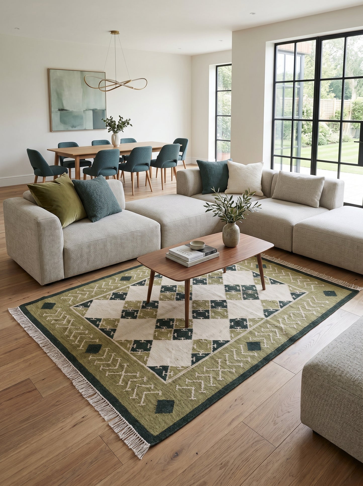 Moss Geometric Harlequin Olive Green & Cream Wool Cotton Dhurrie Rug
