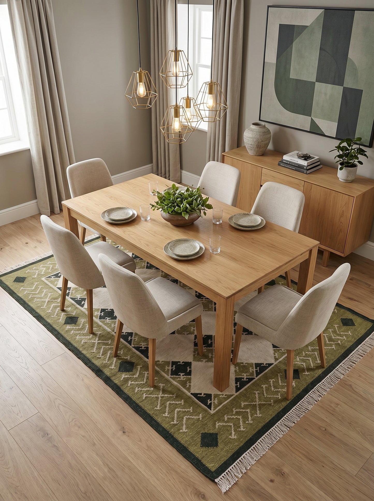 Moss Geometric Harlequin Olive Green & Cream Wool Cotton Dhurrie Rug