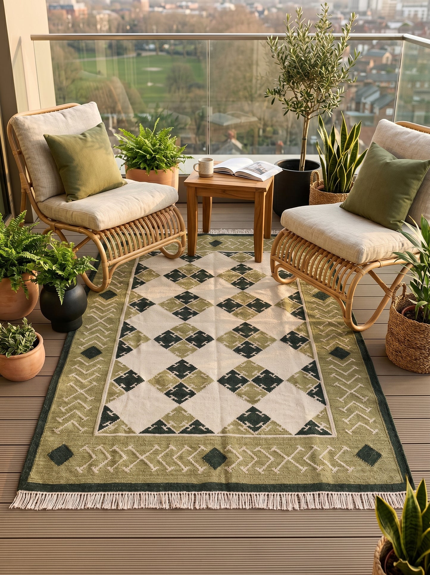 Moss Geometric Harlequin Olive Green & Cream Wool Cotton Dhurrie Rug