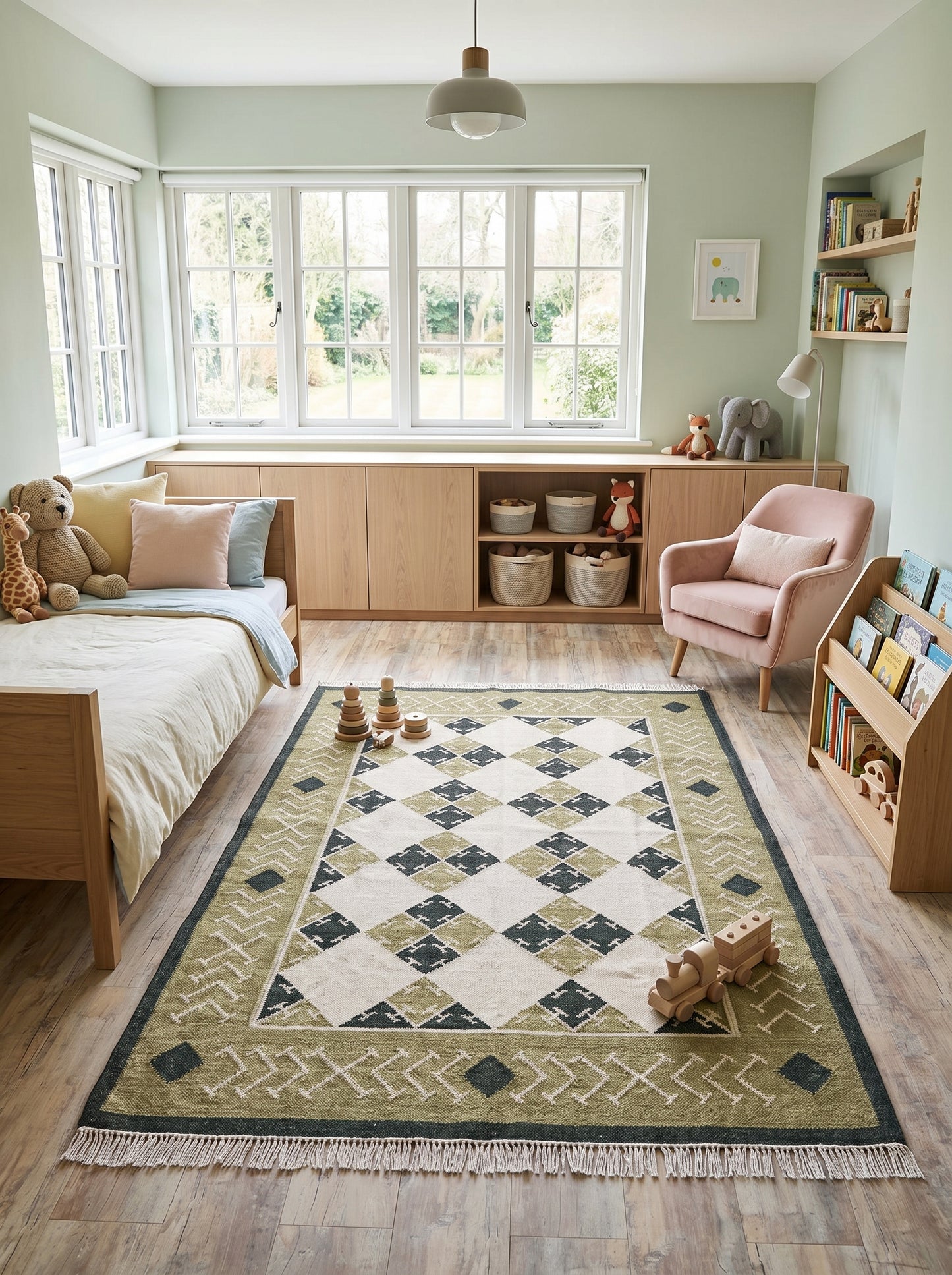 Moss Geometric Harlequin Olive Green & Cream Wool Cotton Dhurrie Rug