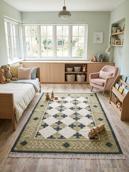 Moss Geometric Harlequin Olive Green & Cream Wool Cotton Dhurrie Rug