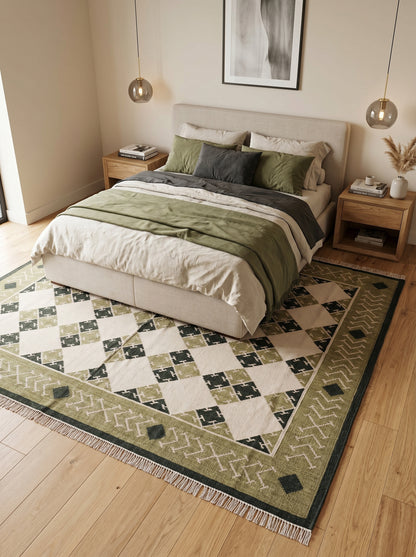 Moss Geometric Harlequin Olive Green & Cream Wool Cotton Dhurrie Rug