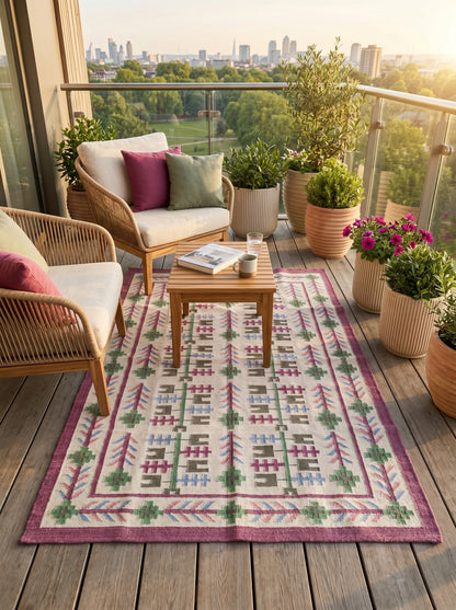 Heritage Berry Meadow Colorful Geometric Tree Motif Wool Cotton Dhurrie Rug
