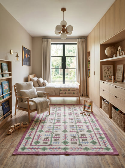 Heritage Berry Meadow Colorful Geometric Tree Motif Wool Cotton Dhurrie Rug