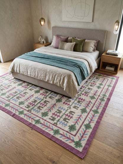 Heritage Berry Meadow Colorful Geometric Tree Motif Wool Cotton Dhurrie Rug