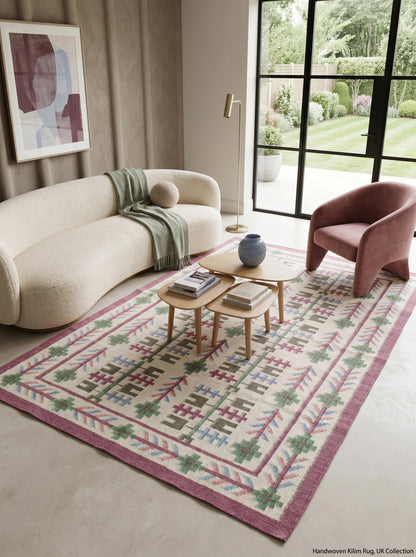Heritage Berry Meadow Colorful Geometric Tree Motif Wool Cotton Dhurrie Rug