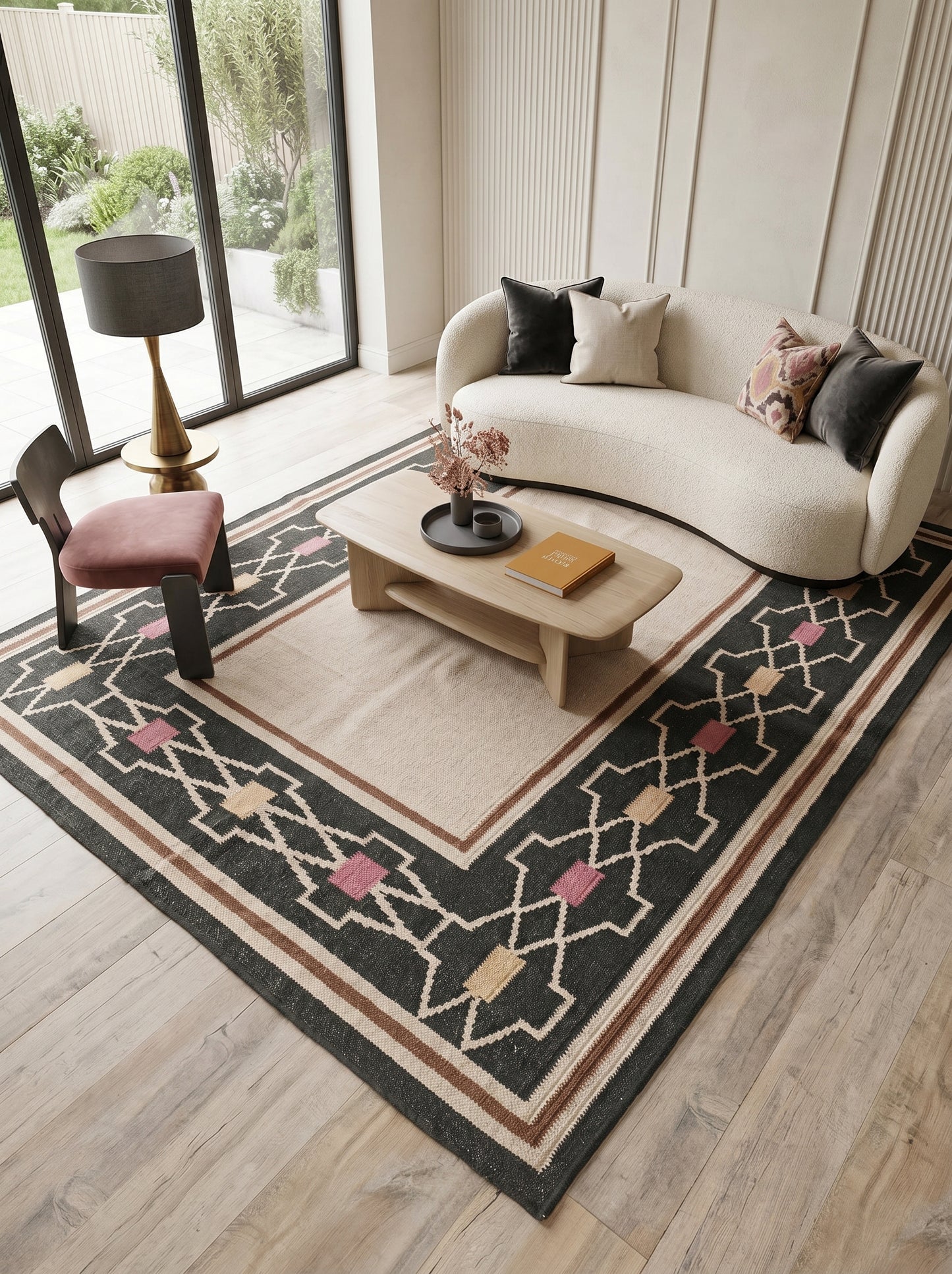 Mesa Tribal Border Solid Cream Center & Black Cotton Wool Dhurrie