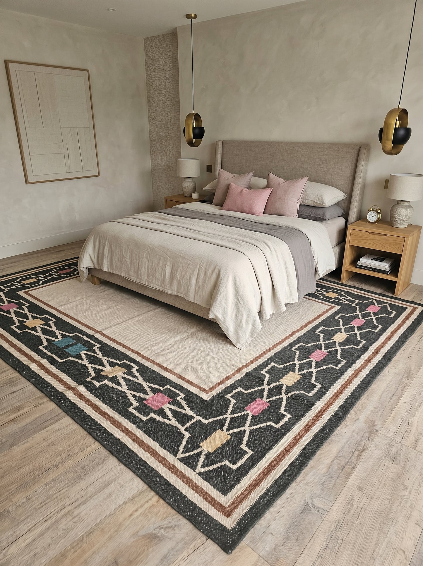 Mesa Tribal Border Solid Cream Center & Black Cotton Wool Dhurrie