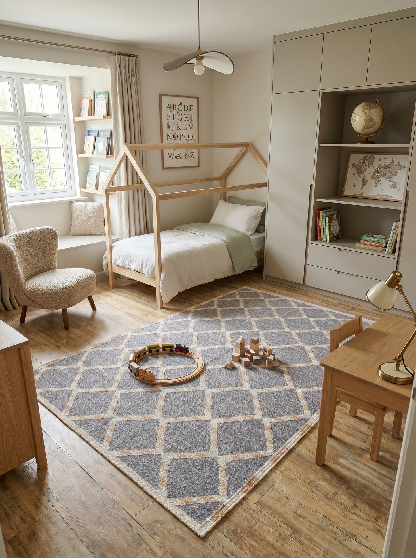 Slate Diamond Lattice Modern Grey and Beige Wool Cotton Dhurrie Rug