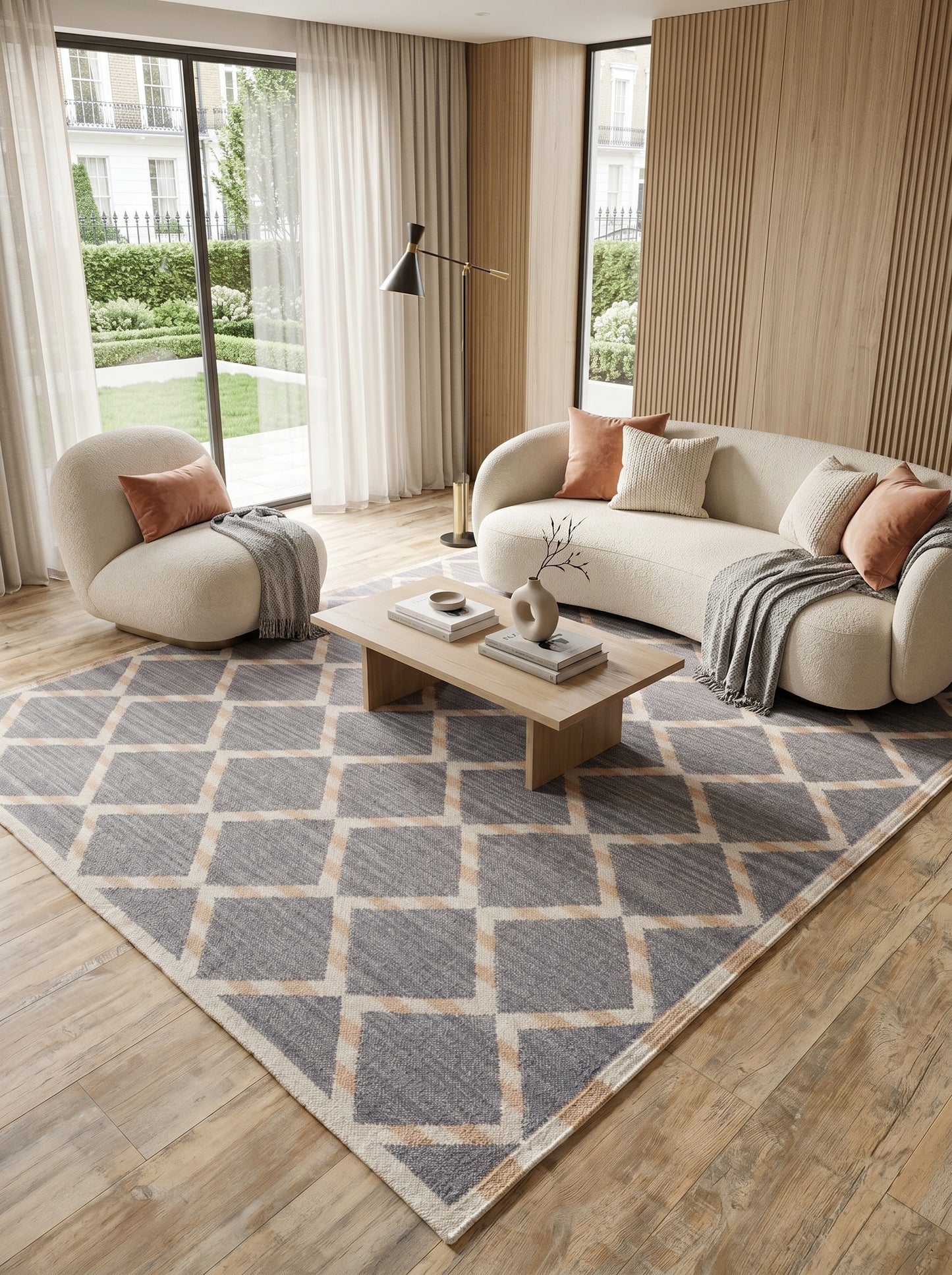 Slate Diamond Lattice Modern Grey and Beige Wool Cotton Dhurrie Rug