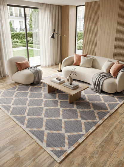 Slate Diamond Lattice Modern Grey and Beige Wool Cotton Dhurrie Rug