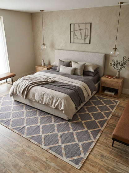 Slate Diamond Lattice Modern Grey and Beige Wool Cotton Dhurrie Rug
