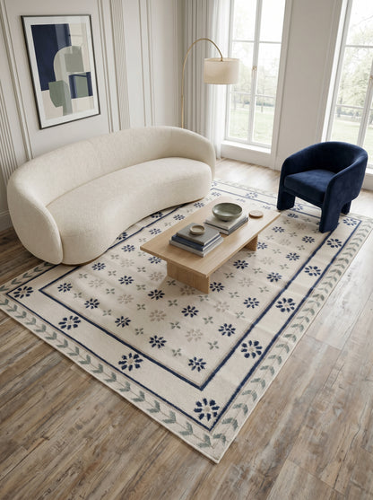 Handwoven French Country Blue & Cream Floral Wool Cotton Dhurrie Rug