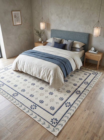 Handwoven French Country Blue & Cream Floral Wool Cotton Dhurrie Rug