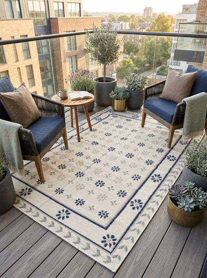 Handwoven French Country Blue & Cream Floral Wool Cotton Dhurrie Rug