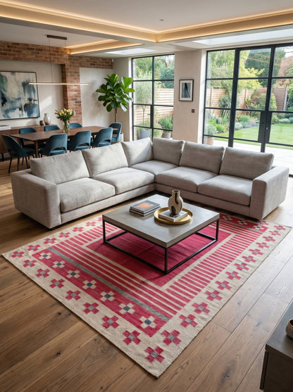 Crimson Nomad Border Magenta Pink & Cream Wool Cotton Dhurrie Rug