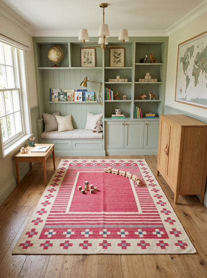 Crimson Nomad Border Magenta Pink & Cream Wool Cotton Dhurrie Rug