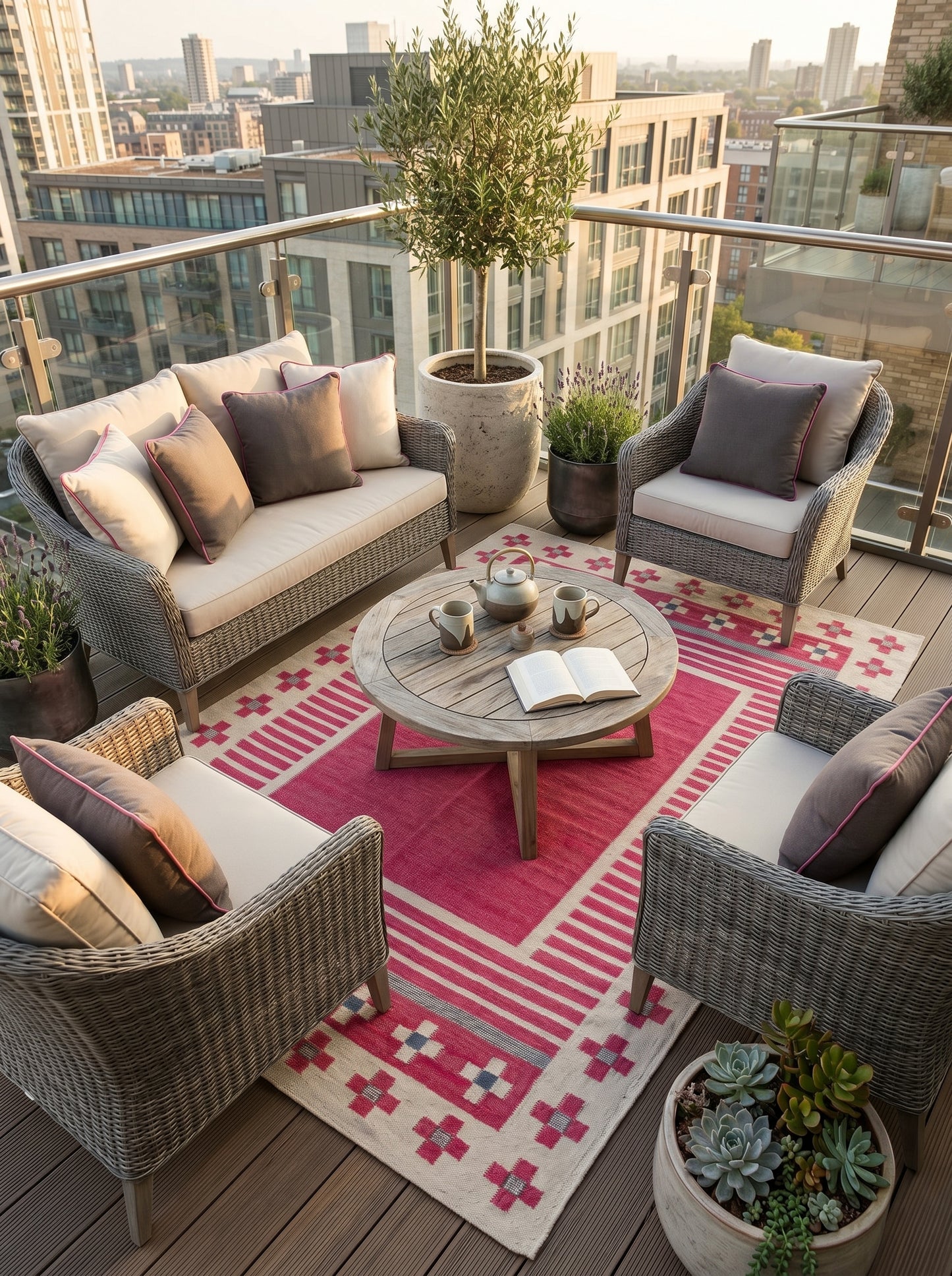 Crimson Nomad Border Magenta Pink & Cream Wool Cotton Dhurrie Rug