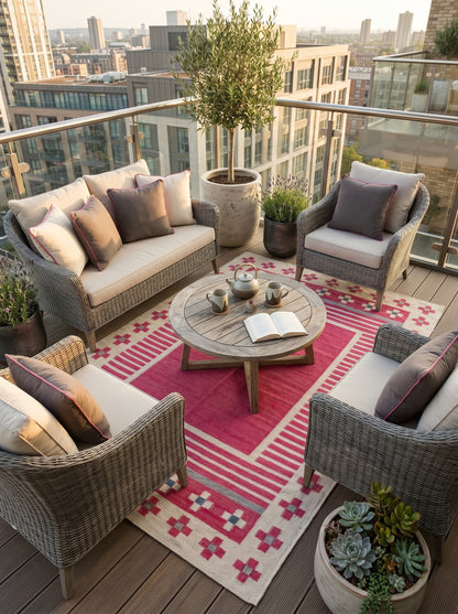 Crimson Nomad Border Magenta Pink & Cream Wool Cotton Dhurrie Rug