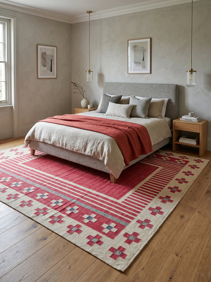 Crimson Nomad Border Magenta Pink & Cream Wool Cotton Dhurrie Rug