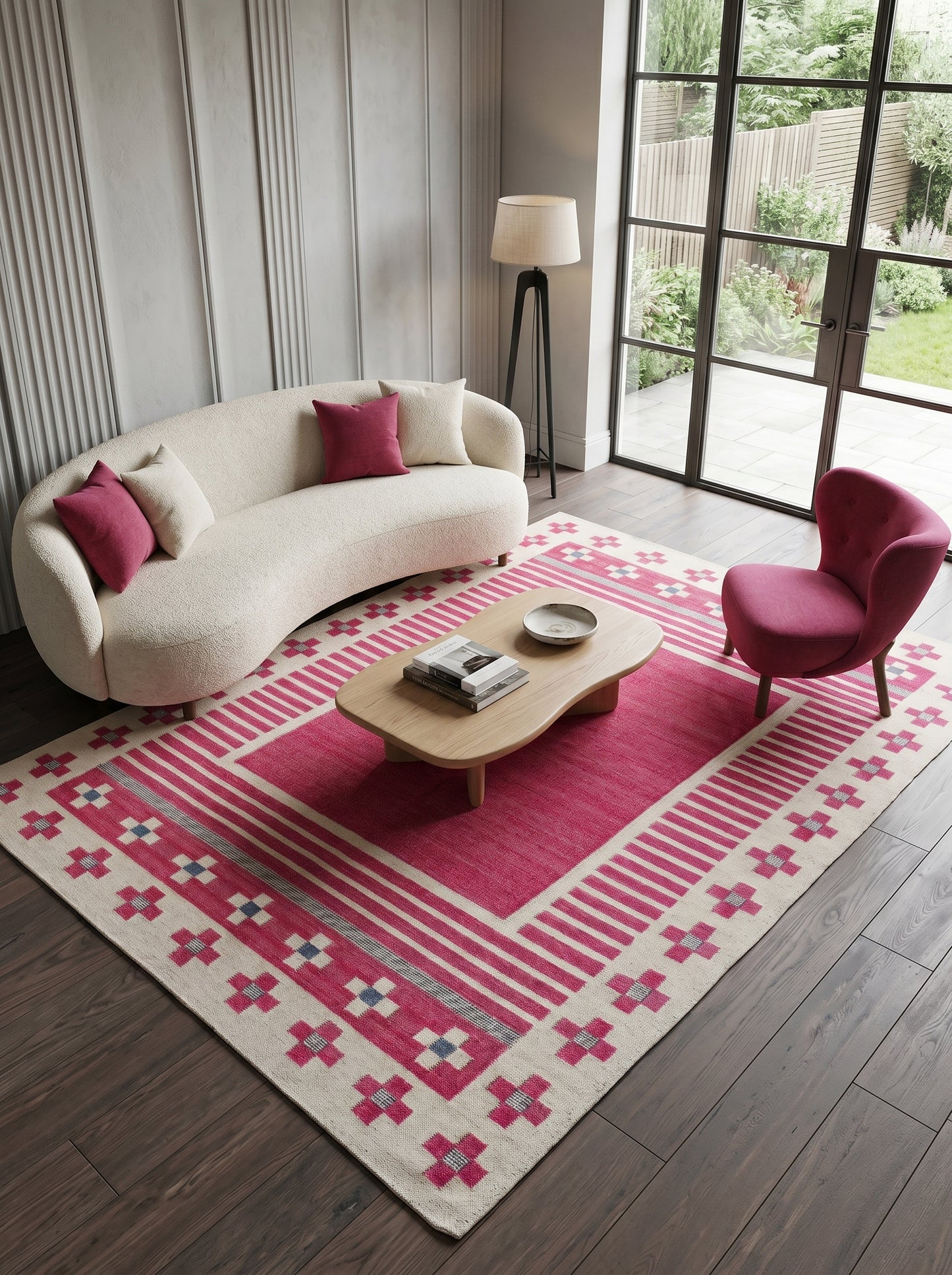 Crimson Nomad Border Magenta Pink & Cream Wool Cotton Dhurrie Rug