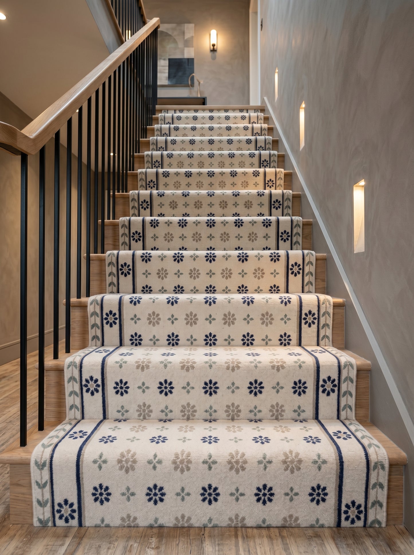 Handwoven French Country Blue & Cream Floral Wool Cotton Dhurrie Rug