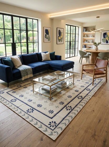 Handwoven French Country Blue & Cream Floral Wool Cotton Dhurrie Rug