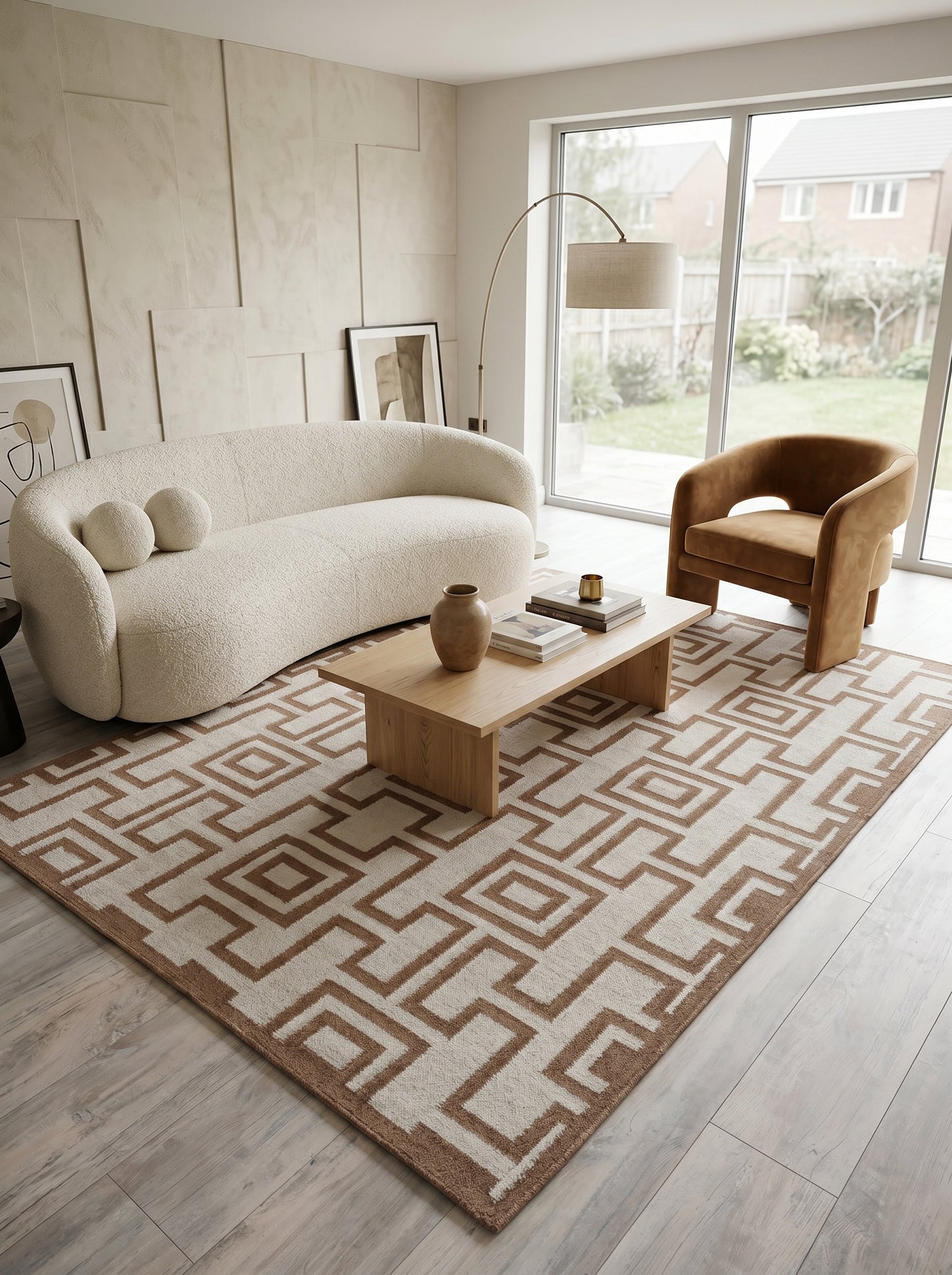 Camel Geometric Maze Modern Tan and Cream Greek Key Wool Cotton Dhurrie Rug