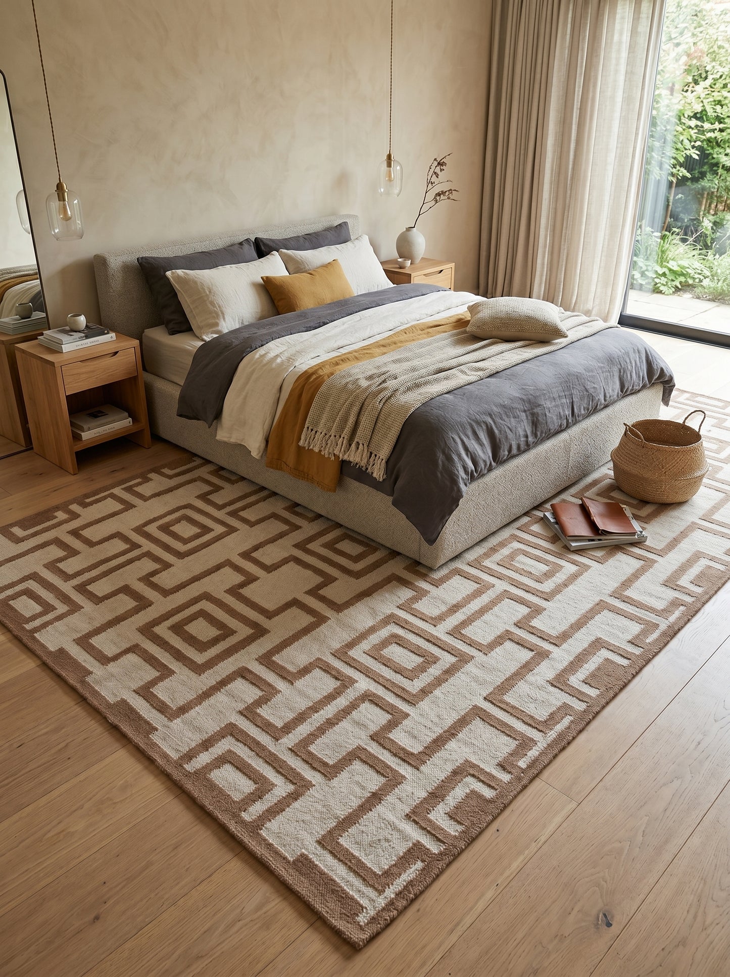 Camel Geometric Maze Modern Tan and Cream Greek Key Wool Cotton Dhurrie Rug