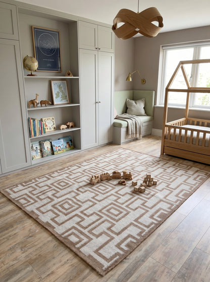 Camel Geometric Maze Modern Tan and Cream Greek Key Wool Cotton Dhurrie Rug