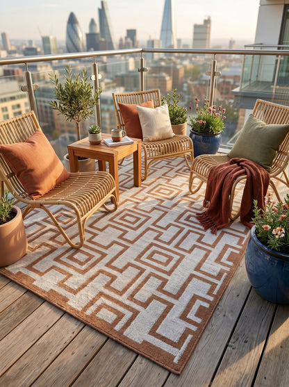 Camel Geometric Maze Modern Tan and Cream Greek Key Wool Cotton Dhurrie Rug