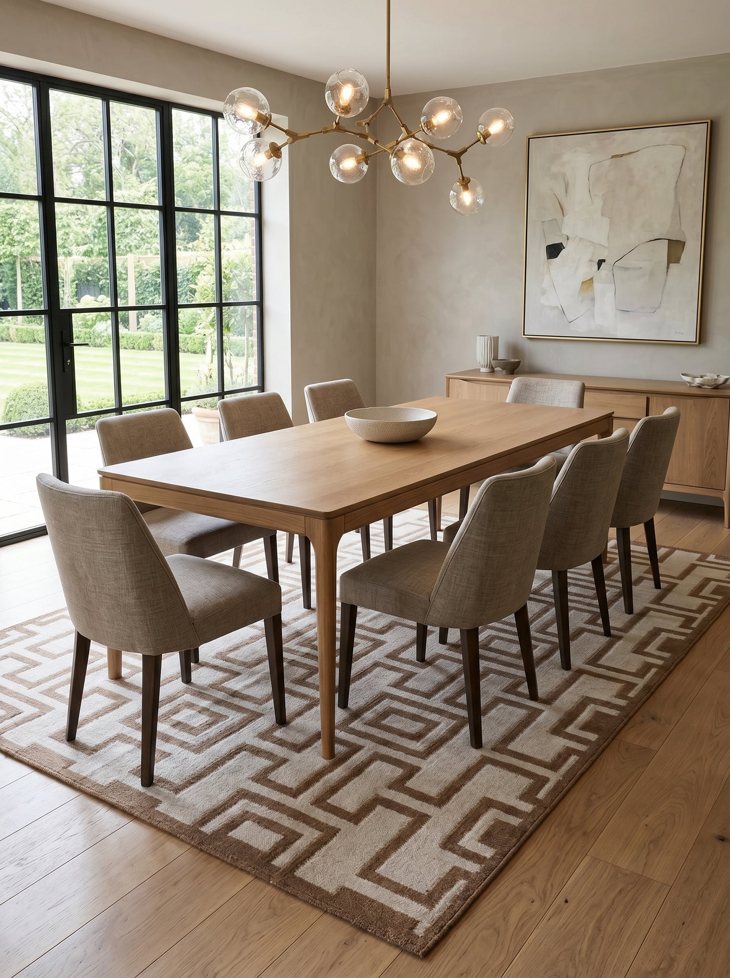 Camel Geometric Maze Modern Tan and Cream Greek Key Wool Cotton Dhurrie Rug