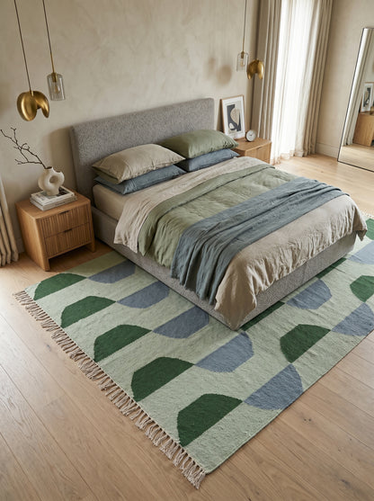 Sage Scallop Wave Modern Abstract Geometric Wool Cotton Dhurrie Rug