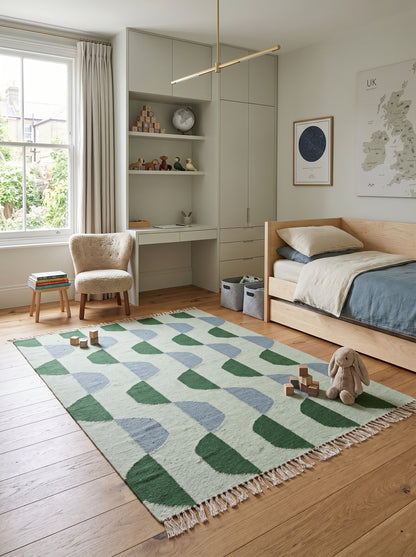Sage Scallop Wave Modern Abstract Geometric Wool Cotton Dhurrie Rug