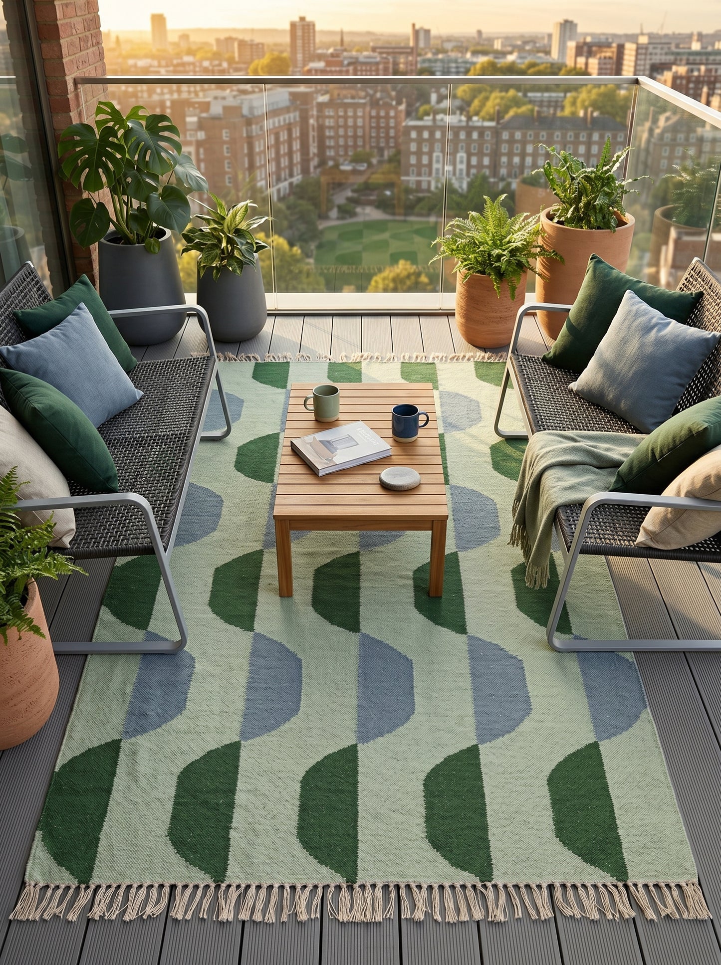 Sage Scallop Wave Modern Abstract Geometric Wool Cotton Dhurrie Rug