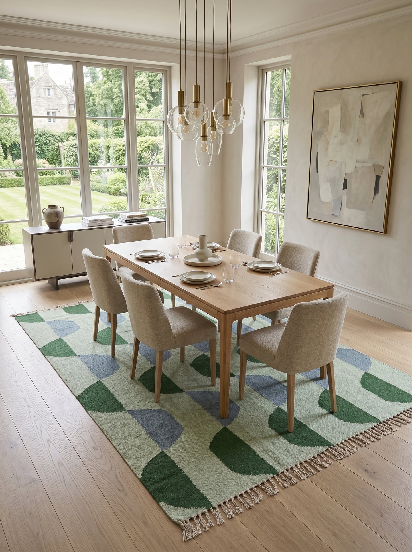 Sage Scallop Wave Modern Abstract Geometric Wool Cotton Dhurrie Rug