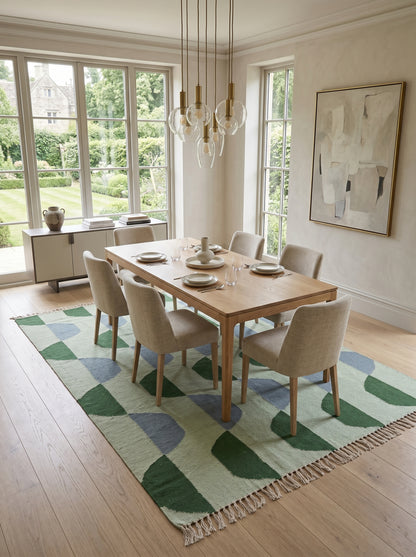 Sage Scallop Wave Modern Abstract Geometric Wool Cotton Dhurrie Rug