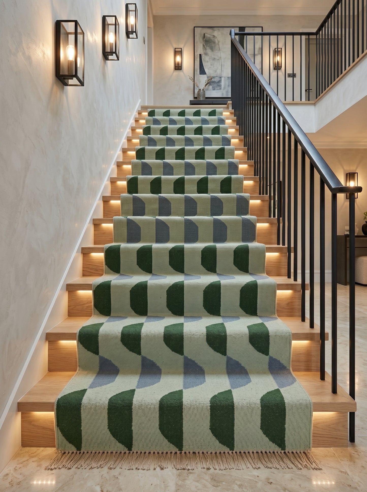 Sage Scallop Wave Modern Abstract Geometric Wool Cotton Dhurrie Rug