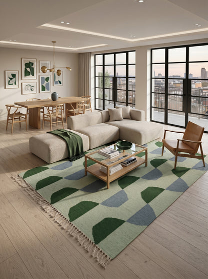 Sage Scallop Wave Modern Abstract Geometric Wool Cotton Dhurrie Rug