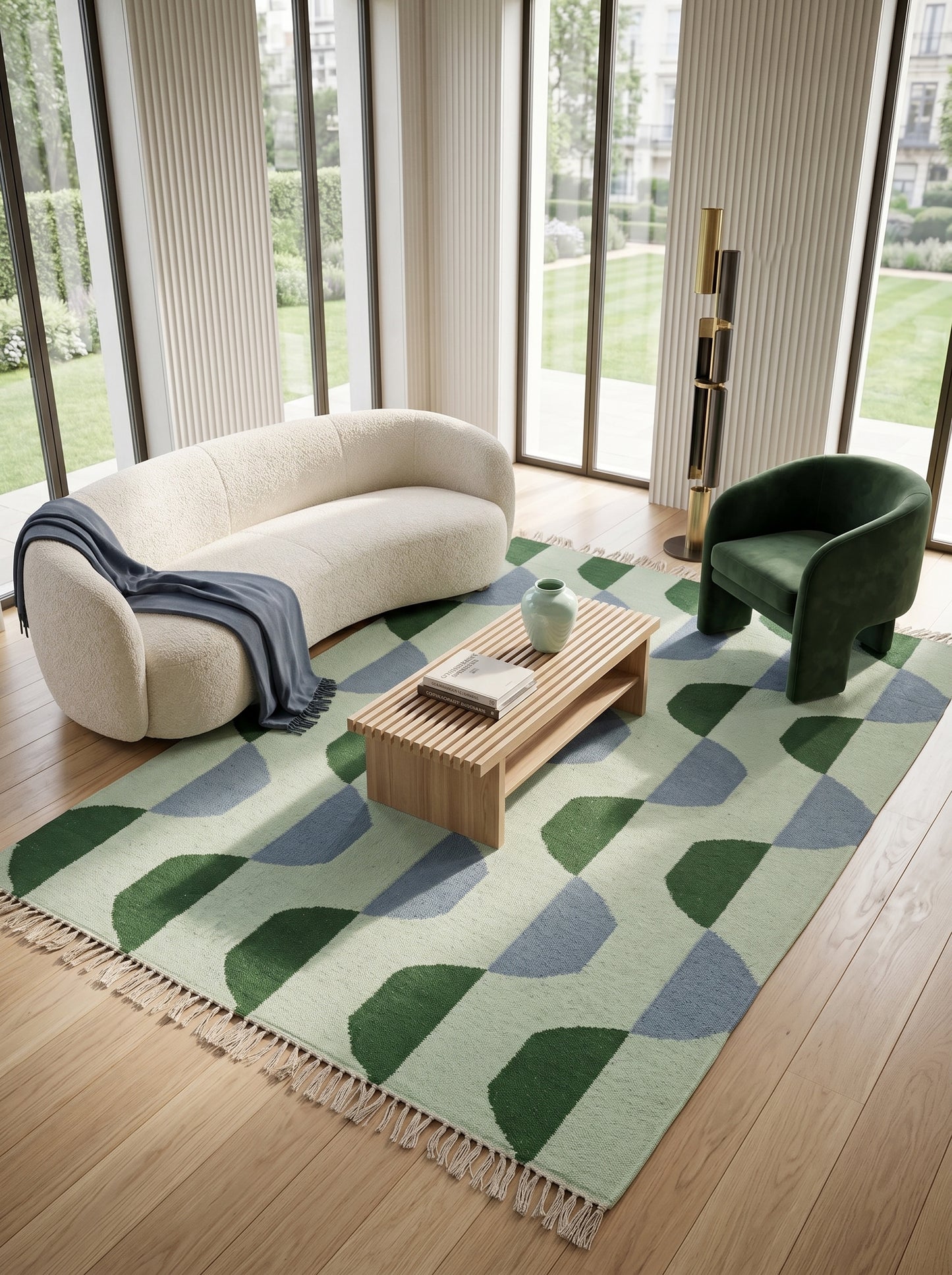 Sage Scallop Wave Modern Abstract Geometric Wool Cotton Dhurrie Rug
