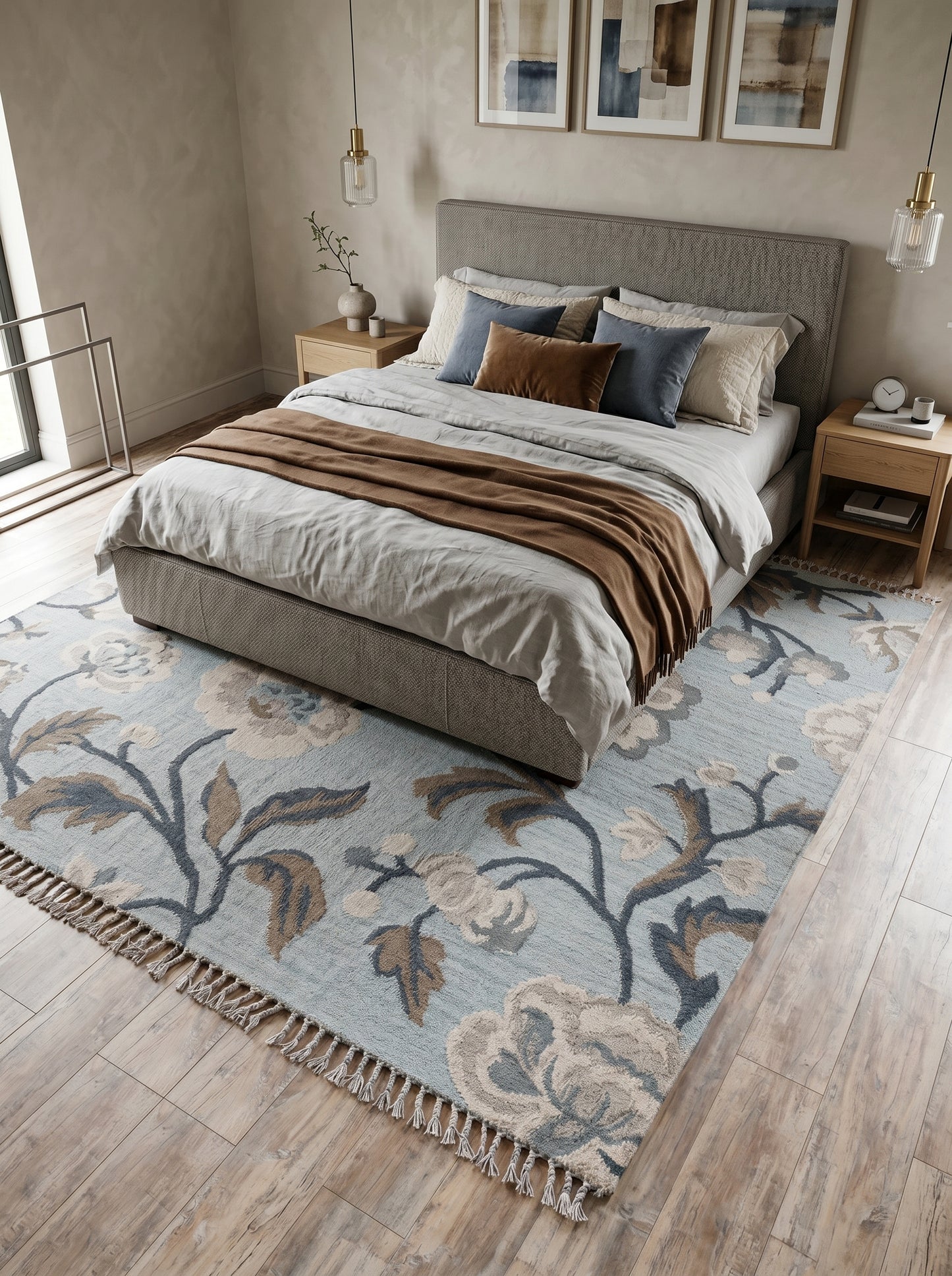 French Blue Peony Vintage Floral Wool Cotton Dhurrie Rug,