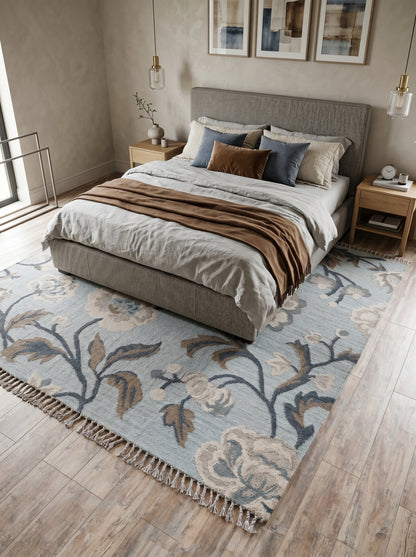 French Blue Peony Vintage Floral Wool Cotton Dhurrie Rug,
