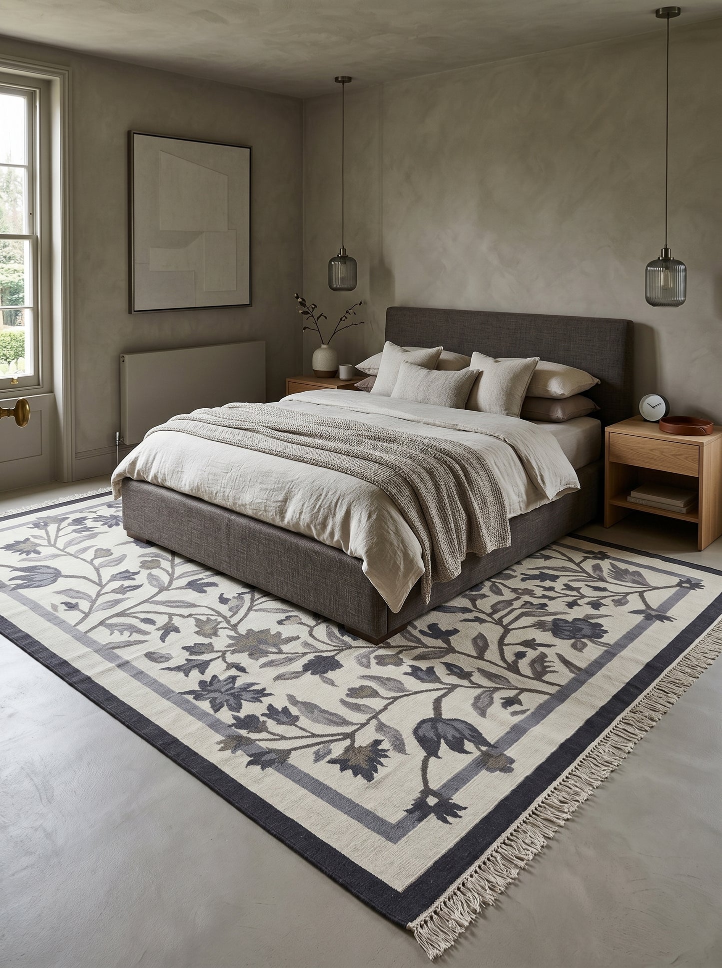 Onyx Botanical Vine Modern Black and Cream Floral Wool Cotton Dhurrie Rug