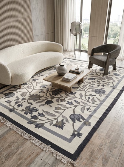 Onyx Botanical Vine Modern Black and Cream Floral Wool Cotton Dhurrie Rug