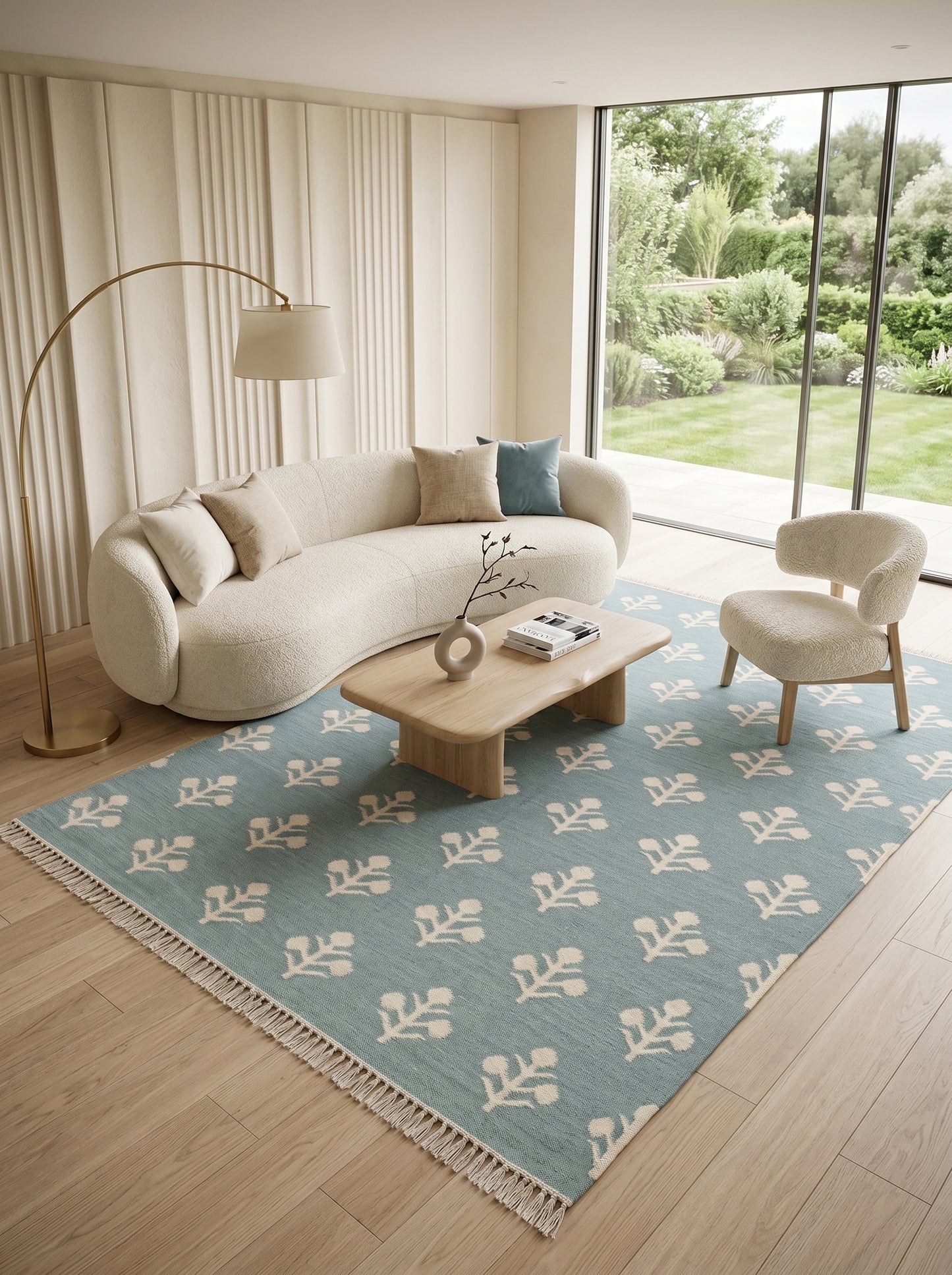 Serene Slate Tulips Modern Blue and Cream Botanical Wool Cotton Dhurrie Rug
